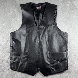Black Genuine Leather Vest Men’s 46 Western Biker Snap‎ Front Pockets